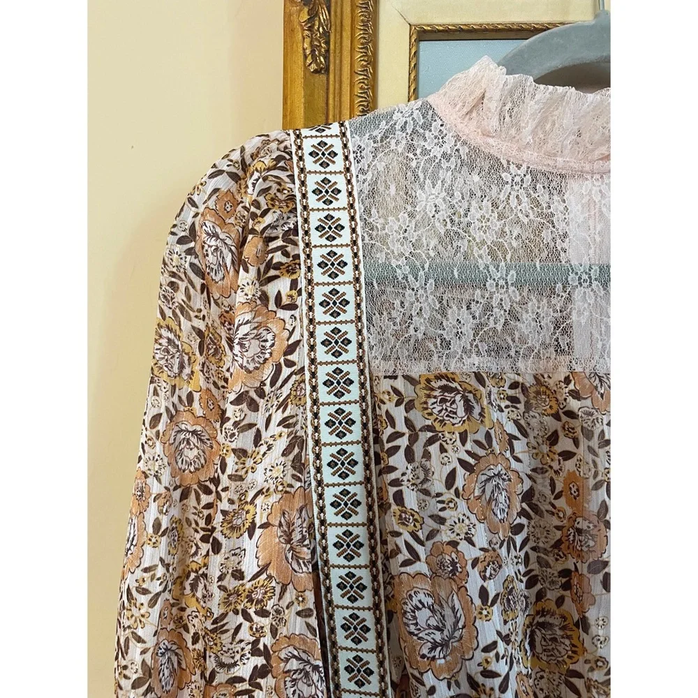 SHEIN Mini Floral Printed High Neck Ruffle Lace Trim Long Sleeve Mini Dress XS 2 - Picture 11 of 16